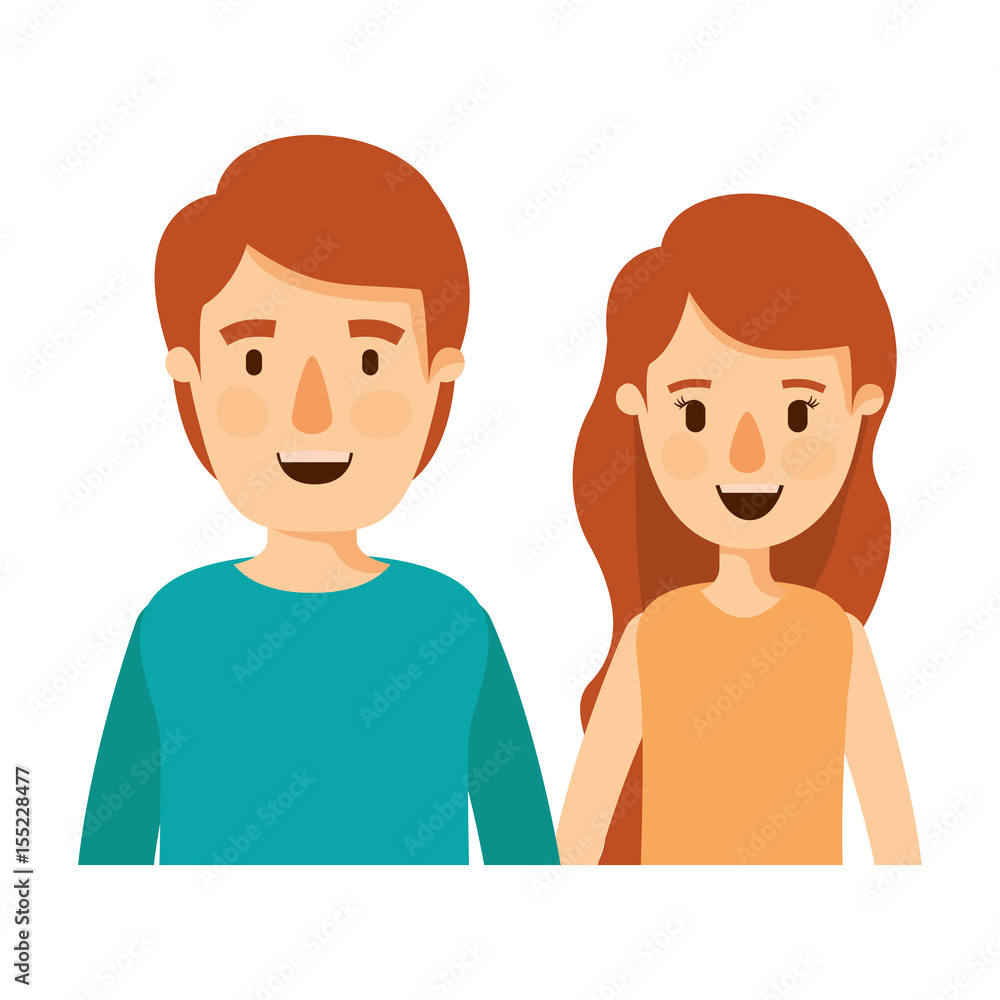 colorful caricature half body couple woman with long wavy hair and man vector illustration colorful caricature half body couple woman with long wavy hair and man vector illustration