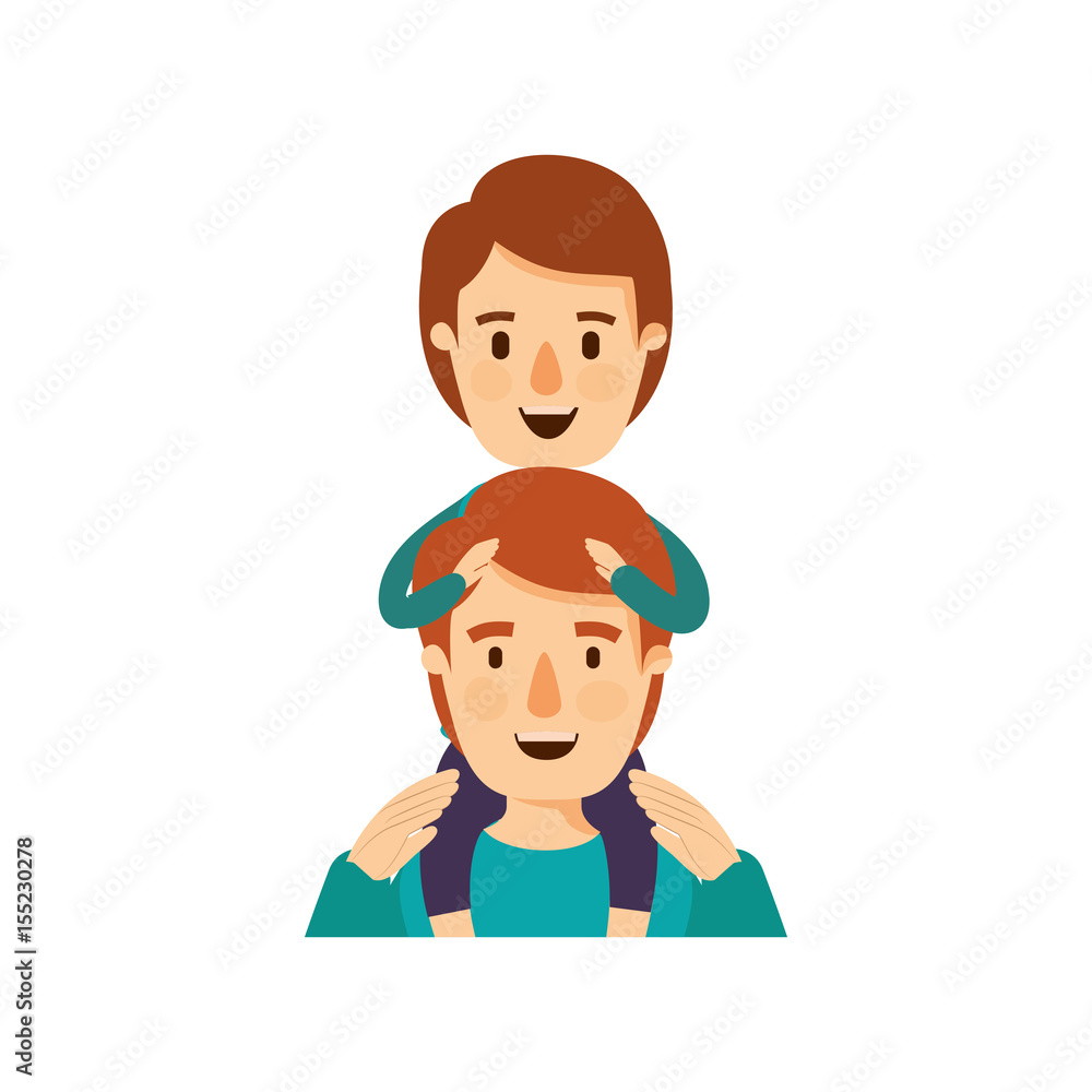 colorful caricature half body young father with boy on his back vector illustration colorful caricature half body young father with boy on his back vector illustration
