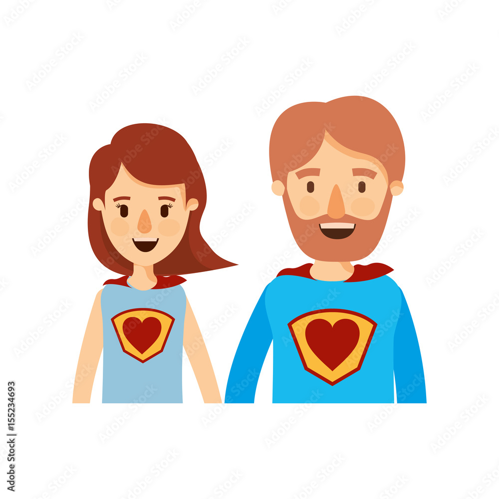 colorful caricature half body couple parents super hero with heart symbol in uniform vector illustration colorful caricature half body couple parents super hero with heart symbol in uniform vector illustration