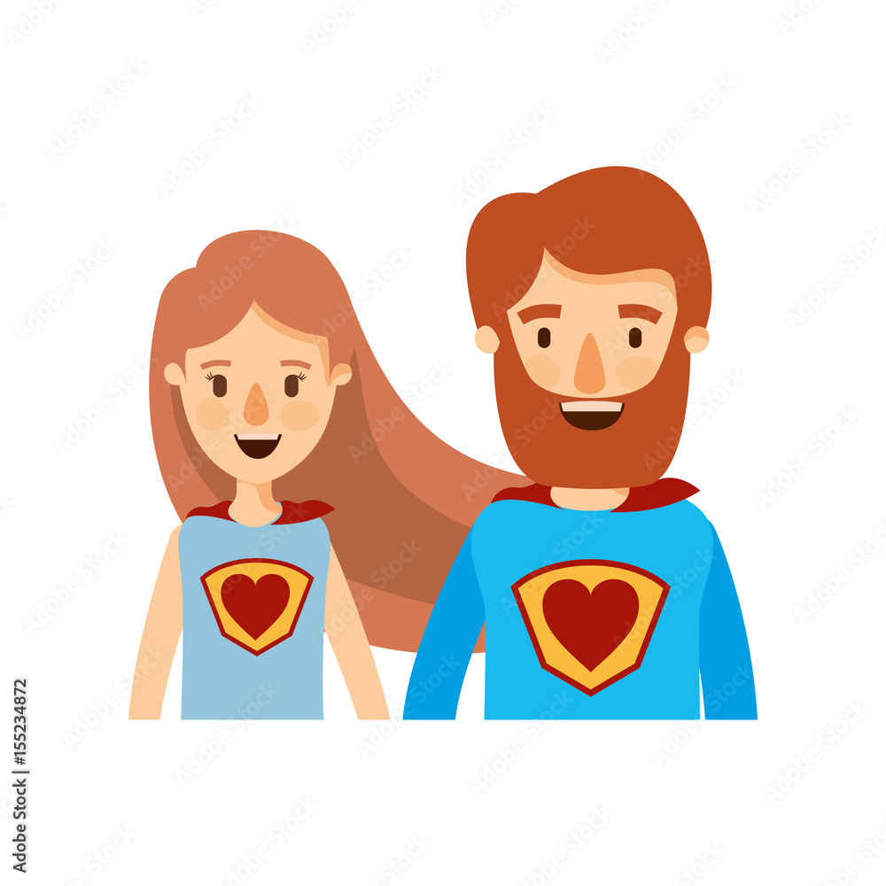 colorful caricature half body couple female and male super hero with heart symbol in uniform vector illustration colorful caricature half body couple female and male super hero with heart symbol in uniform vector illustration