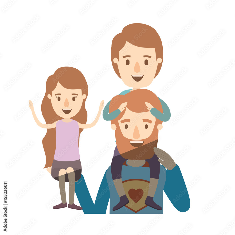 light color shading caricature half body super dad hero with girl on his hand and boy on his back vector illustration