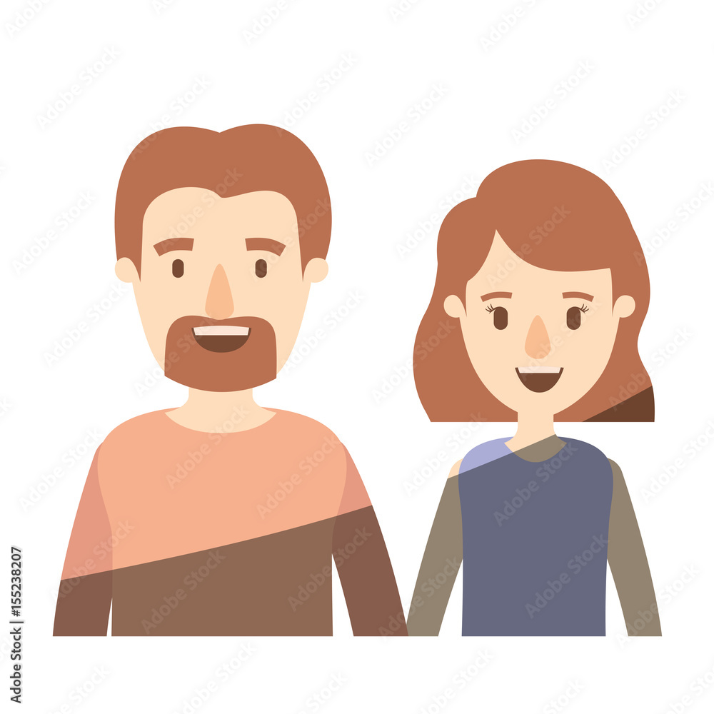 light color shading caricature half body couple woman with short hair and bearded man vector illustration light color shading caricature half body couple woman with short hair and bearded man vector illustration