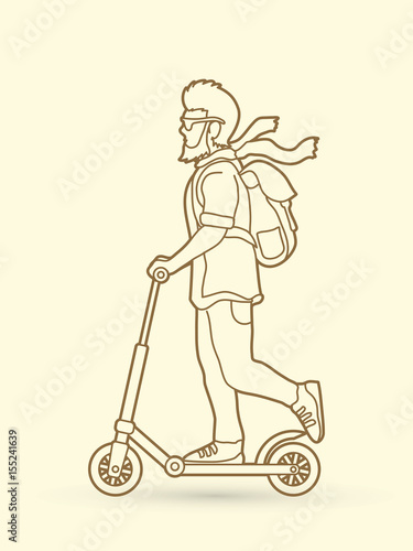 Hipster man riding kick scooter outline stroke graphic vector.