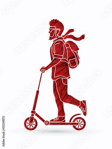 Hipster man riding kick scooter designed using grunge brush graphic vector.