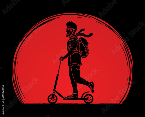 Hipster man riding kick scooter designed on sunlight background graphic vector.
