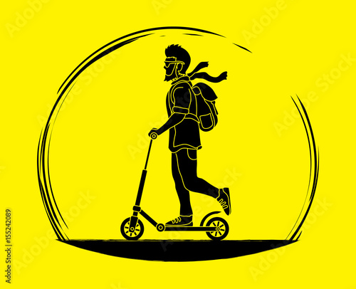 Hipster man riding kick scooter graphic vector.