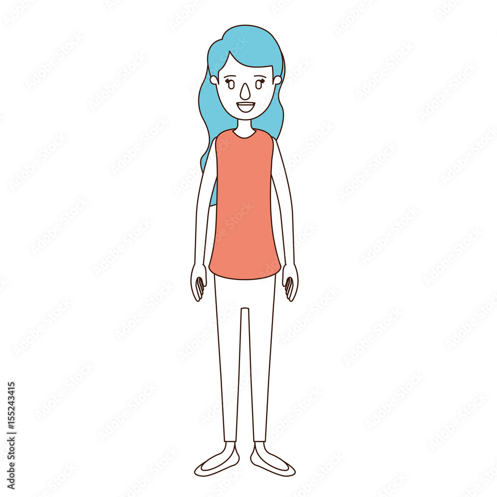 caricature color sections and blue hair of full body woman with wavy long hair vector illustration caricature color sections and blue hair of full body woman with wavy long hair vector illustration
