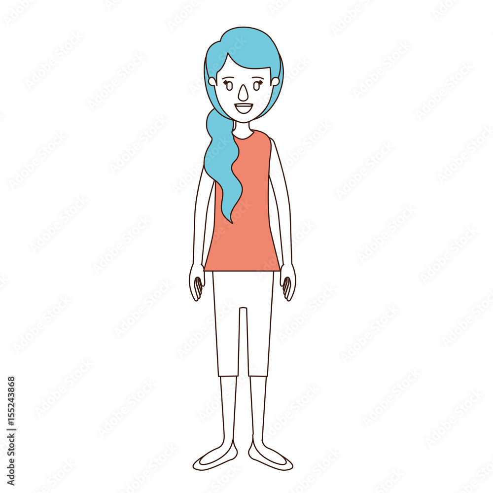 caricature color sections and blue hair of full body woman with ponytail long hair vector illustration caricature color sections and blue hair of full body woman with ponytail long hair vector illustration
