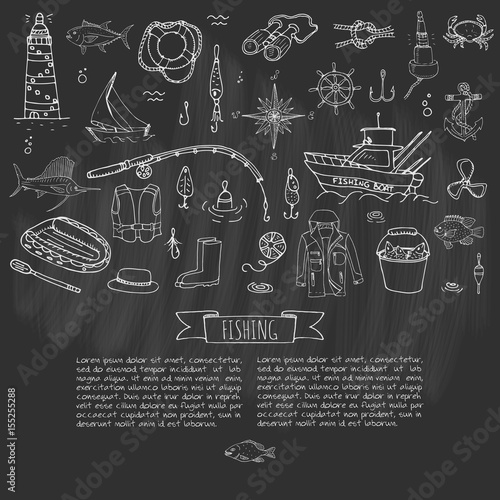 Hand drawn doodle Fishing icons set Vector illustration fishing equipment elements collection Cartoon fishing concept Fishing rod Baits Spinning Fishing lure Fish Fishing boat Lighthouse Fishing cloth