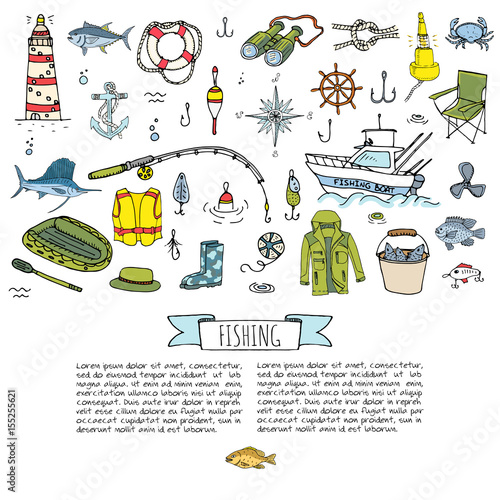 Hand drawn doodle Fishing icons set Vector illustration fishing equipment elements collection Cartoon fishing concept Fishing rod Baits Spinning Fishing lure Fish Fishing boat Lighthouse Fishing cloth