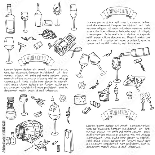 Hand drawn wine set icons Vector illustration Sketchy wine tasting elements collection Winery objects Cartoon symbols Vineyard background Vine Vineland Grape Glass Bottle Cheese Oak barrel Opener