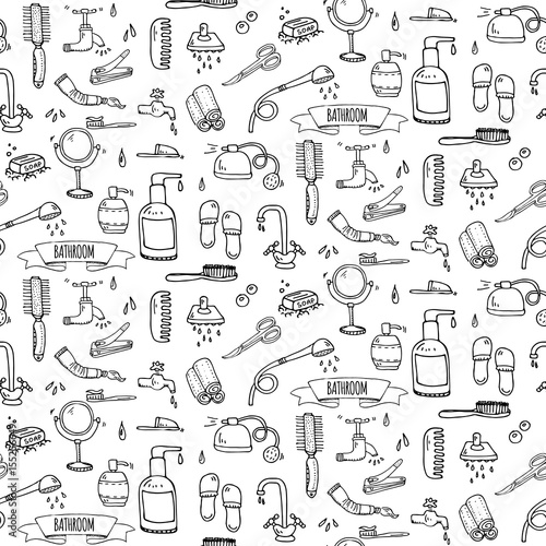 Seamless pattern hand drawn doodle Bathroom related icons set Vector illustration home bath symbols collection Cartoon elements Sketch Toilet Sink Shower Bathtub Lavatory Towel Robe Slippers Fan