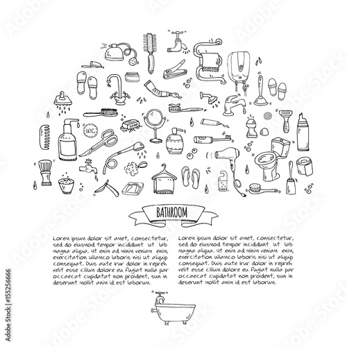ПечатьHand drawn doodle Bathroom related icons set Vector illustration home bath symbols collection Cartoon elements on white background Sketch Toilet Sink Shower Bathtub Lavatory Towel Robe Slippers 