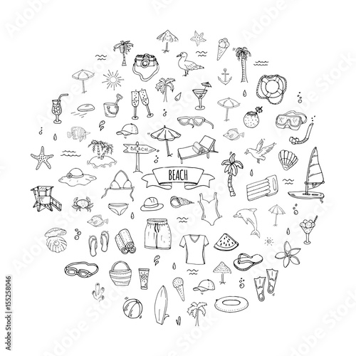 Hand drawn doodle Beach set icons Vector illustration Sketchy summer vacation elements collection Isolated holiday objects Cartoon sea relax journey symbols Summertime traveling background 