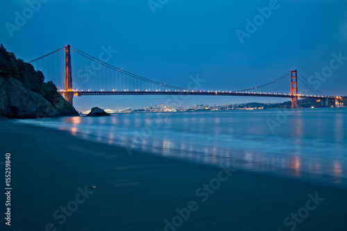 San Francisco from a distance underneath the span of the landmark Golden Gate Bridge