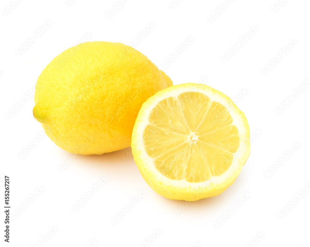 Closeup top view fresh lemon fruit and slice on white background Closeup top view fresh lemon fruit and slice on white background