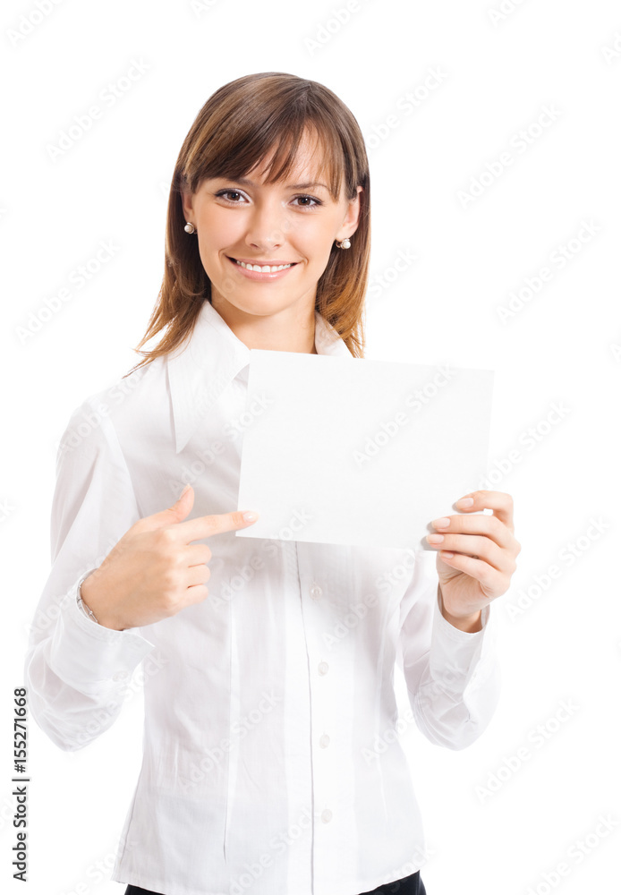Businesswoman showing blank signboard, on white Businesswoman showing blank signboard, on white