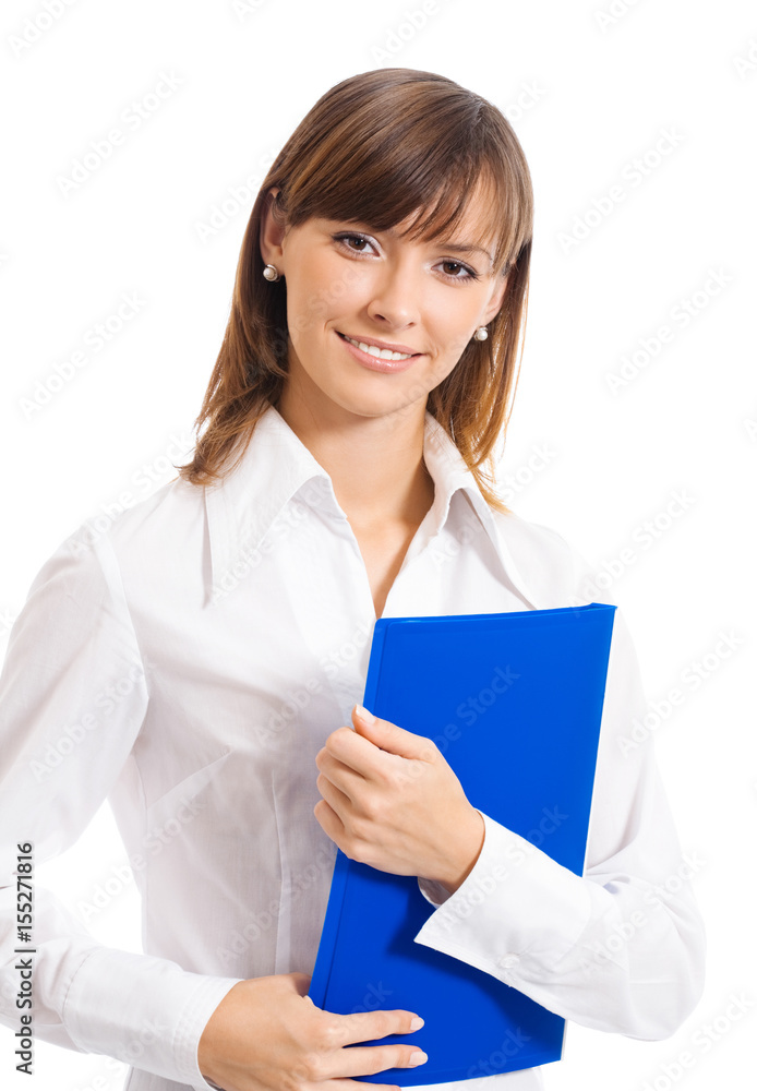 Businesswoman with blue folder, isolated