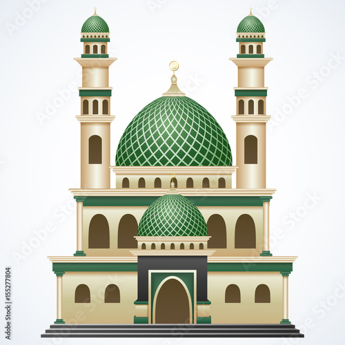 Islamic mosque building with green dome and two tower isolated on white background