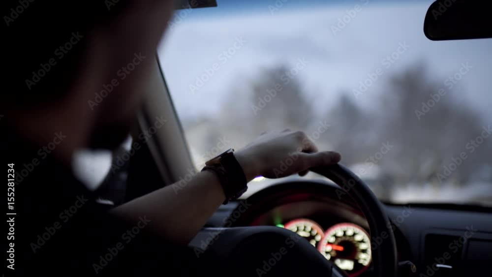 custom made wallpaper toronto digitalInterior Shot Of Man Driving Down Snowy Road In The Evening, Dashboard Lights On