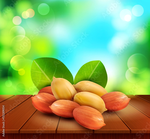 Vector peanut kernels with green leaves (design element) lying on a wooden table on the background of the sky and green foliage