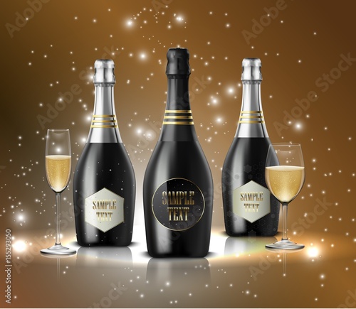 Wineglass with black wine bottles of champagne on sparkling background