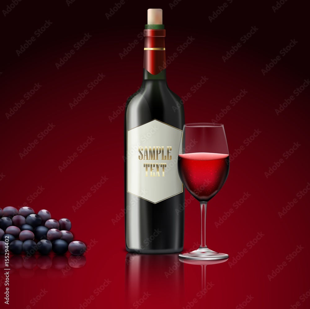 Red wine with bottle of champagne and grapes