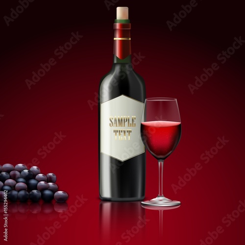 Red wine with bottle of champagne and grapes