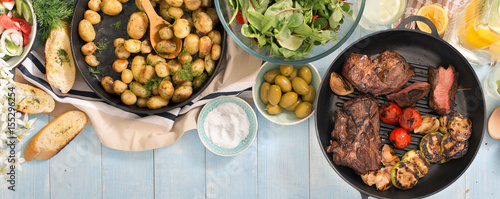 grilled steak, vegetables, potatoes, salad, snacks, homemade lemonade