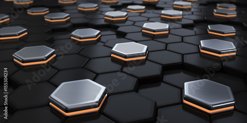Black hexagons and with metallic luminous. Abstraction of the background. 3d render illustration. © 3dddcharacter