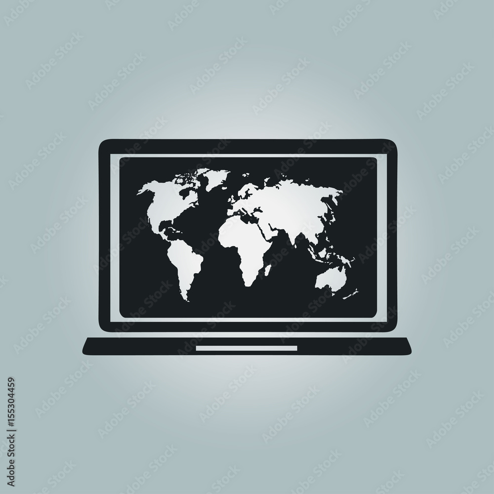 Laptop and world map illustration. World map geography symbol. Flat design style. Laptop and world map illustration. World map geography symbol. Flat design style.