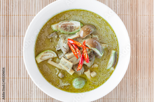 Green chicken curry with eggplant and pickled bamboo shoot. Green curry is a Central Thai variety of curry