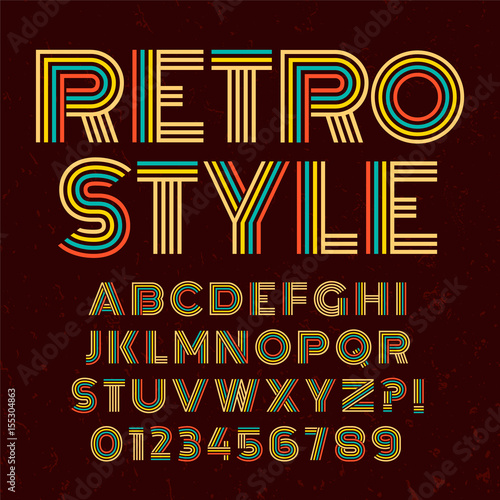 Old style alphabet. Retro type font disco, vintage typography poster with sunbeams textured background vector, EPS10. Brown and Colorful palette
