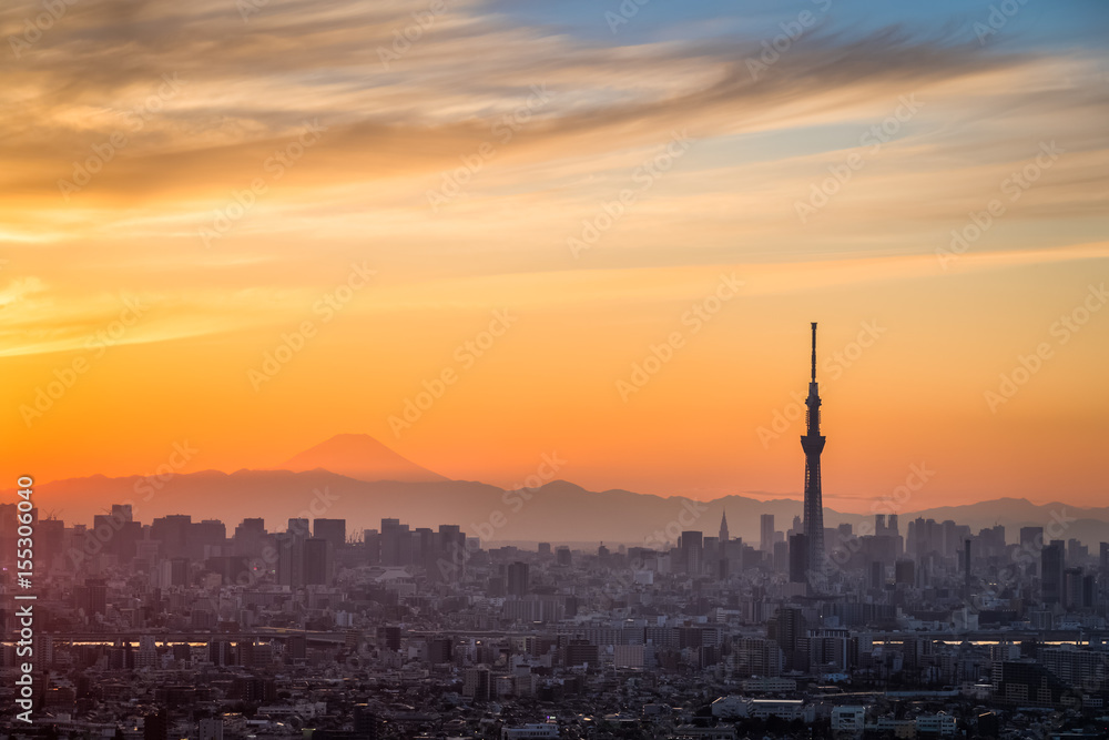 Tokyo city view with Mt. Fuji at sunset time