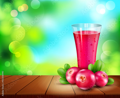 Vector glass cup with juice of cranberries standing on a wooden table on the background of the sky and green foliage