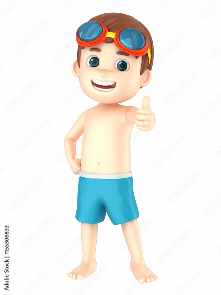 3d render of a kid wearing swimwear and goggles showing thumbs up sign 3d render of a kid wearing swimwear and goggles showing thumbs up sign