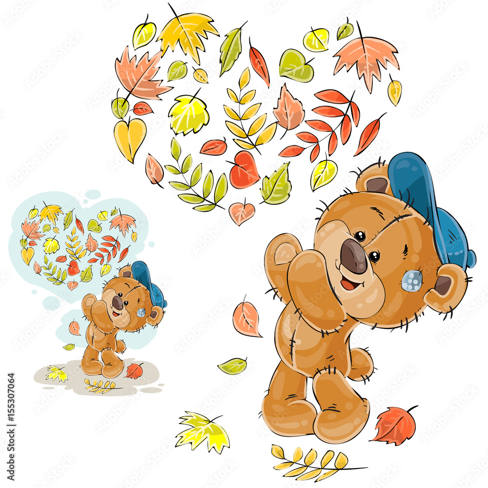 Naklejka premium Vector autumn illustration of a brown teddy bear threw up the fallen leaves and made a heart out of them. Print, template, design element