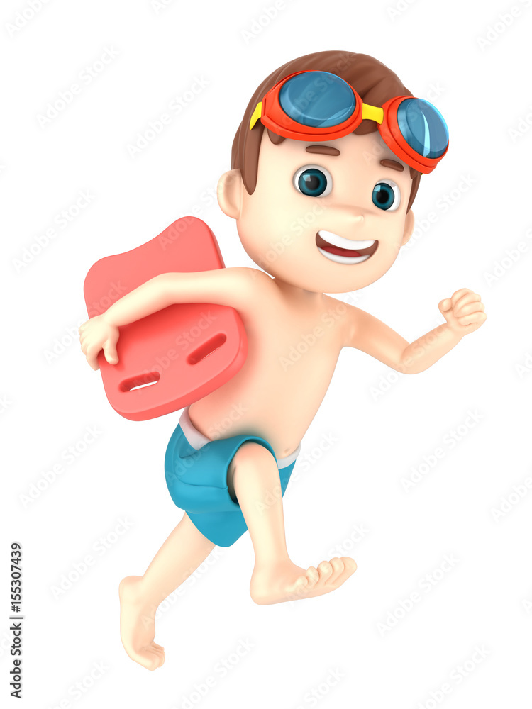3d render of a kid wearing swimwear and goggles running holding a floater 3d render of a kid wearing swimwear and goggles running holding a floater