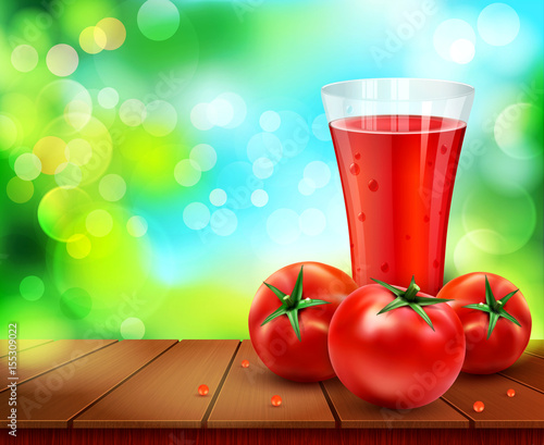 vector with a glass of tomato juice, tomatos standing on a wooden table on the background of the sky and green foliage