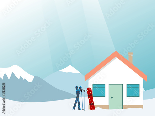 Ski house in mountains. Ski vacation.