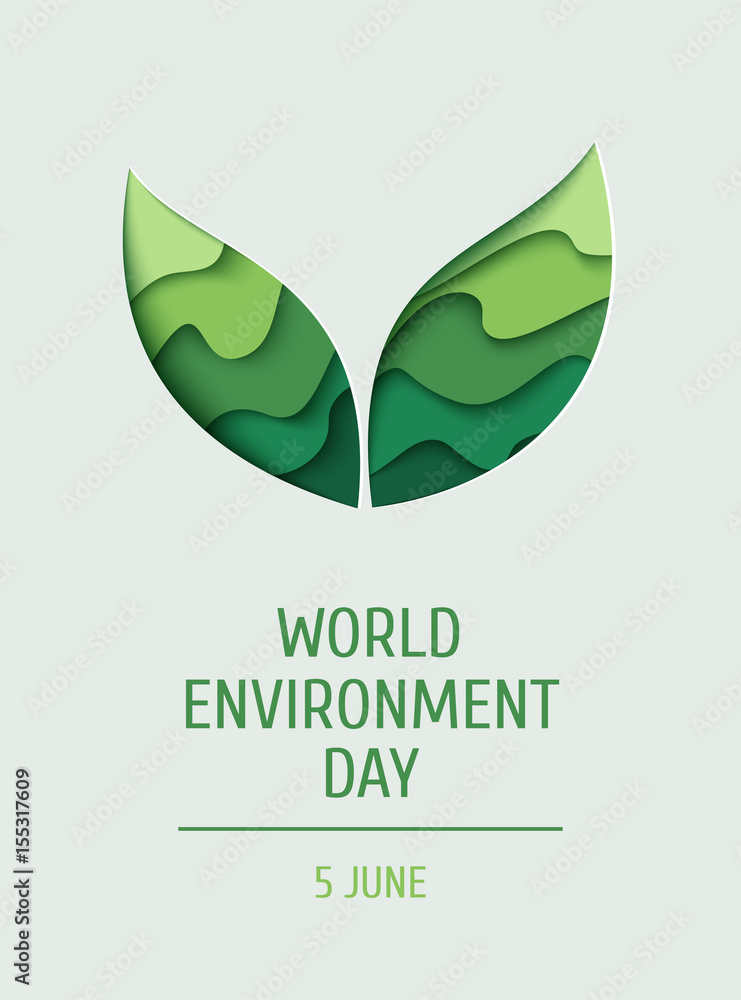 World Environment day concept banner. 3d paper cut eco friendly background. Vector illustration.  Paper carving layer green leaves shapes with shadow