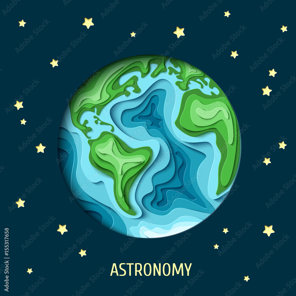 Fototapeta premium Astronomy background. 3d paper cut Earth from dark space vector illustration. Paper carving Earth map shapes with shadow on dark background with stars