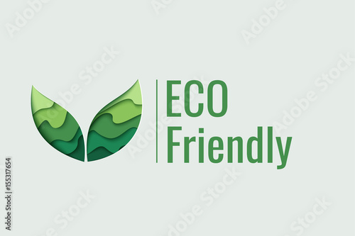 Eco Friendly background. Vector 3d paper cut eco friendly concept design. Paper carving layer green leaves shapes with shadow