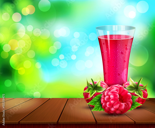 Vector glass cup with juice of raspberry standing on a wooden table on the background of the sky and green foliage