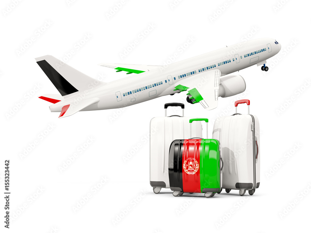 Luggage with flag of afghanistan. Three bags with airplane