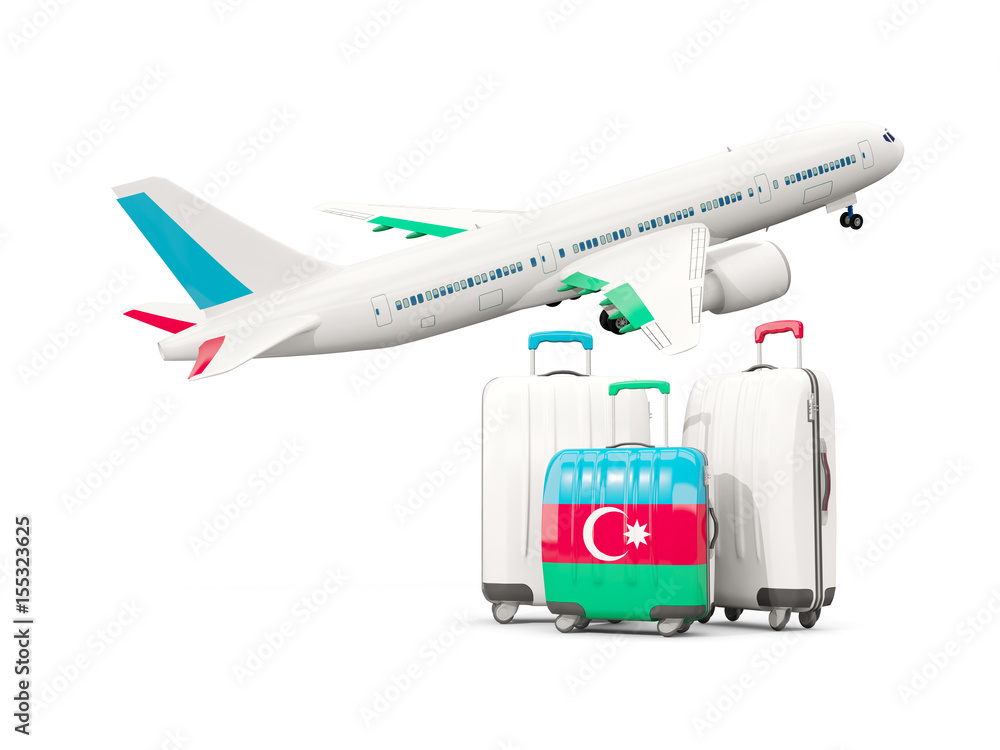 Luggage with flag of azerbaijan. Three bags with airplane