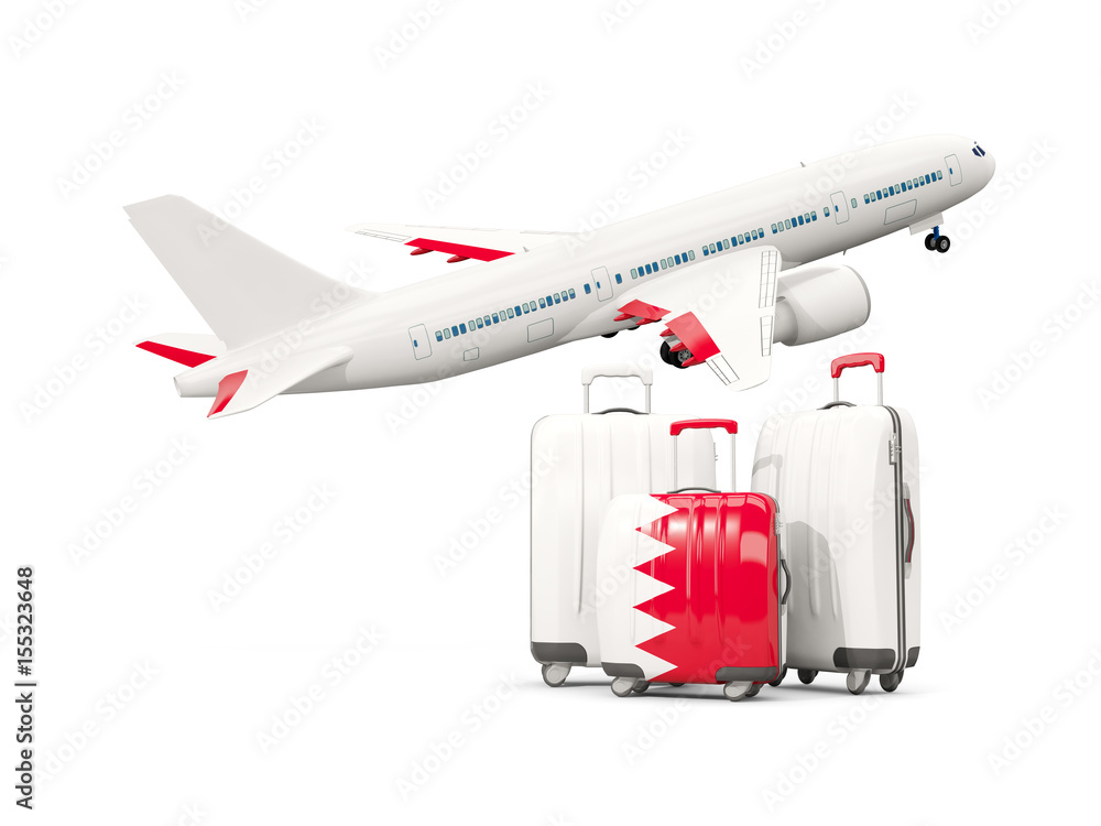 Luggage with flag of bahrain. Three bags with airplane Luggage with flag of bahrain. Three bags with airplane