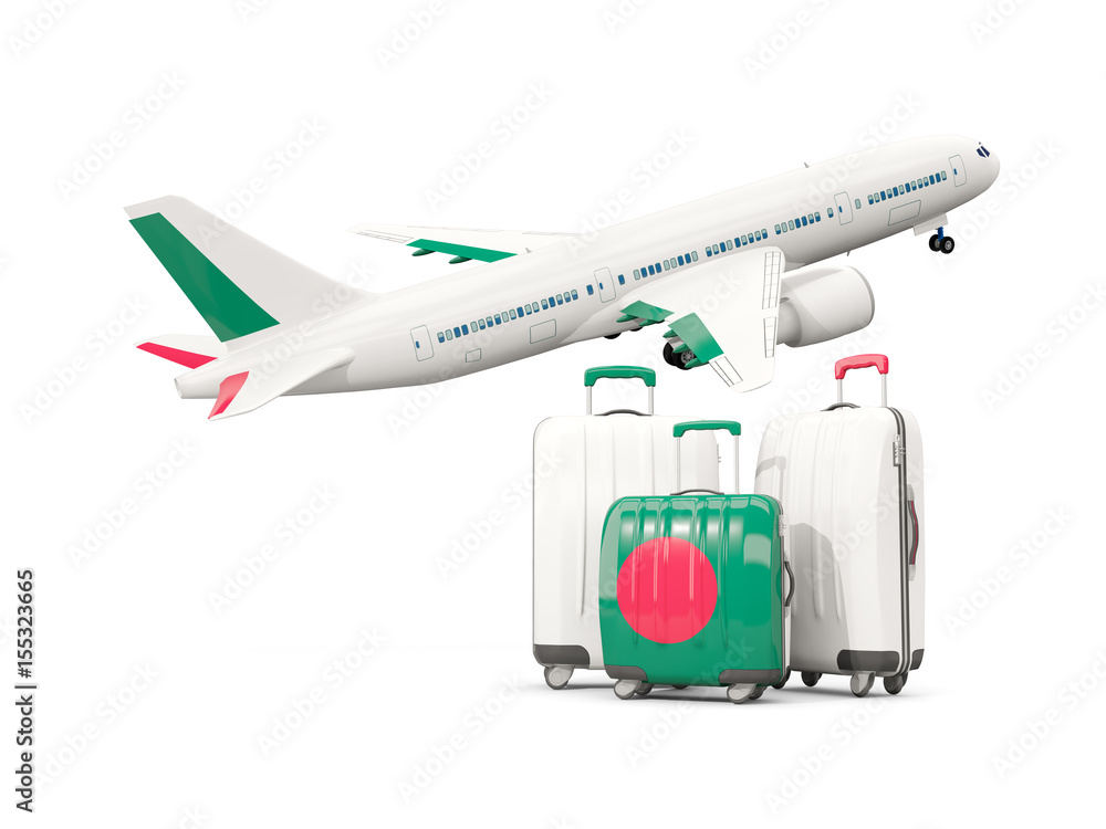 Luggage with flag of bangladesh. Three bags with airplane Luggage with flag of bangladesh. Three bags with airplane