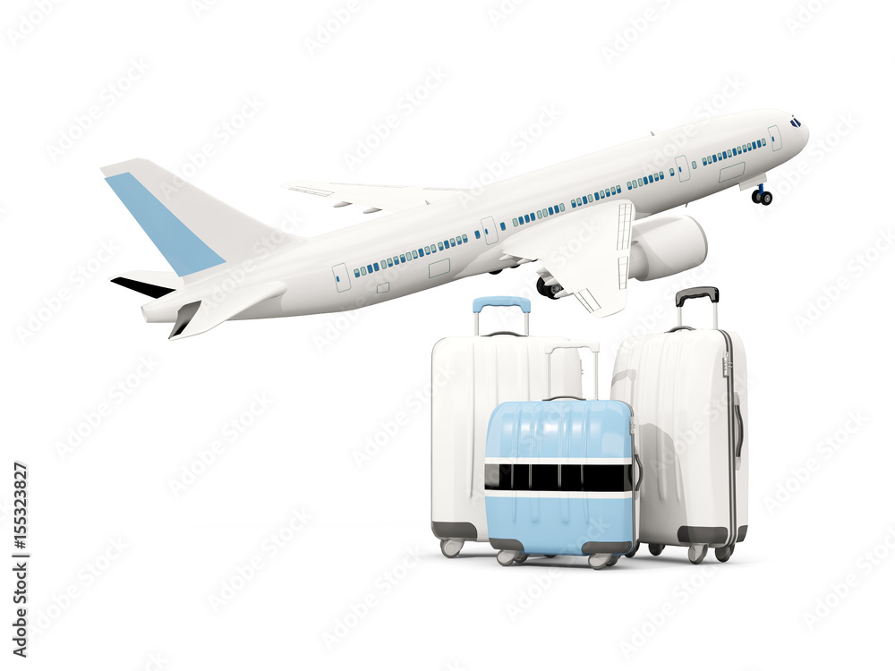 Luggage with flag of botswana. Three bags with airplane