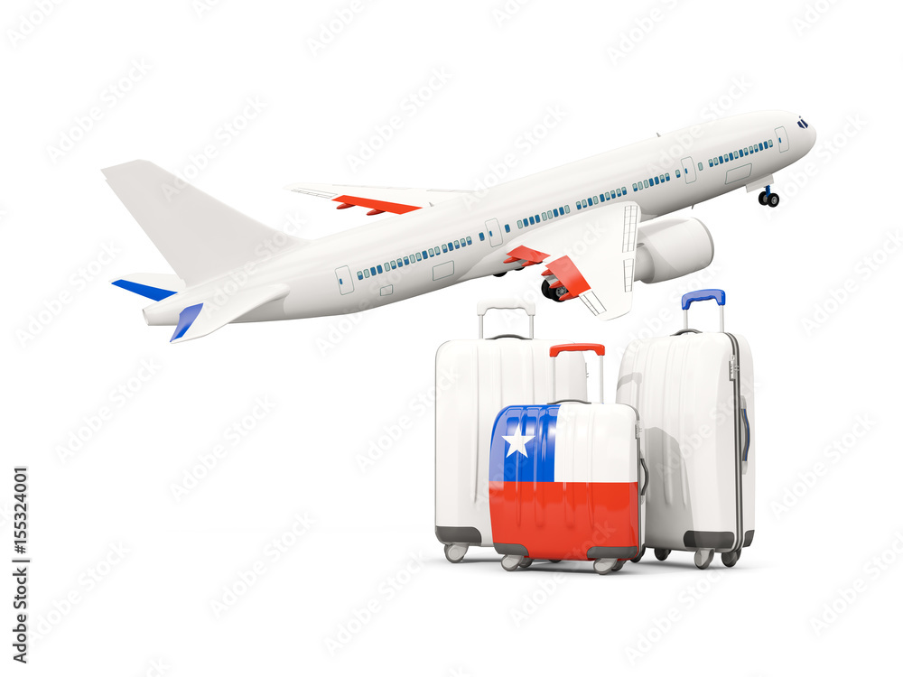 Luggage with flag of chile. Three bags with airplane Luggage with flag of chile. Three bags with airplane